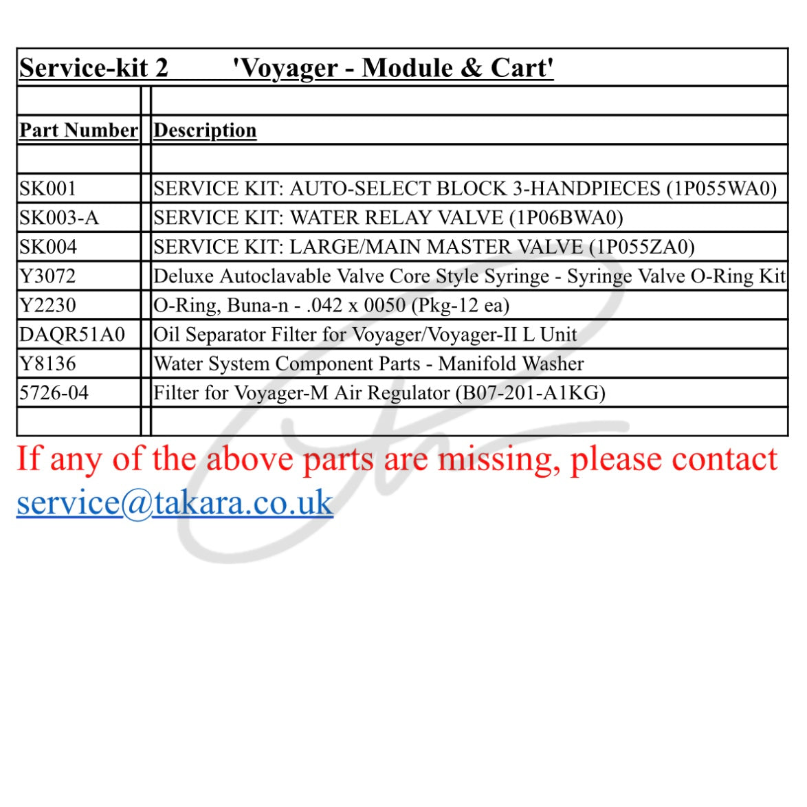 BELMONT SERVICE KIT VOYAGER - MODULE & CART - SERVICE-KIT-2